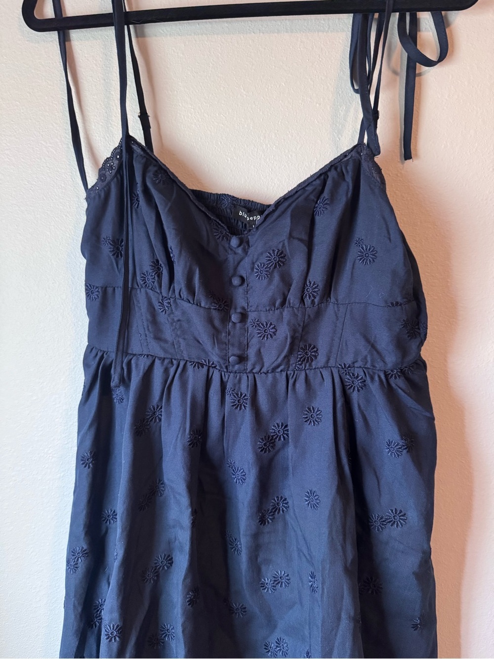 Women’s Navy Embroidered Tie-Strap Mini Dress - Picture 2 of 6